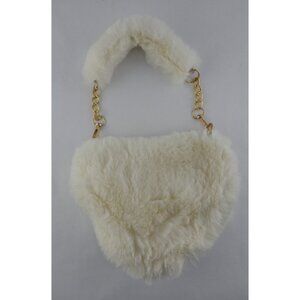 White Faux Fur Heart Purse Hand Bag Gold Chain Strap Zipper Closure